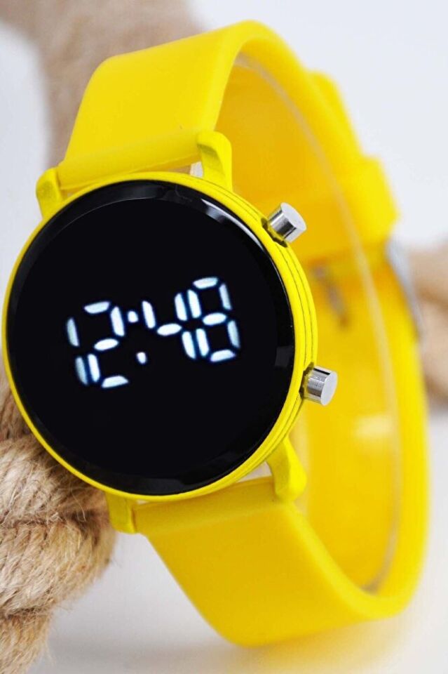 6-14 Yaş Sarı Renk Unisex Çocuk Kadın LED Dijital Kol Saati Sarı Silikon Kordonlu Şık Spor Saat