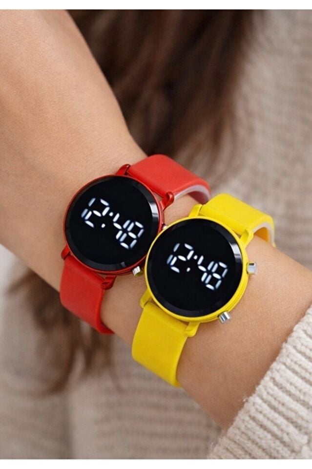 İki Adet Kırmızı Sarı LED Dijital Kadın Kol Saati Silikon Kordon Spor Şık Genç Kız Çocuk