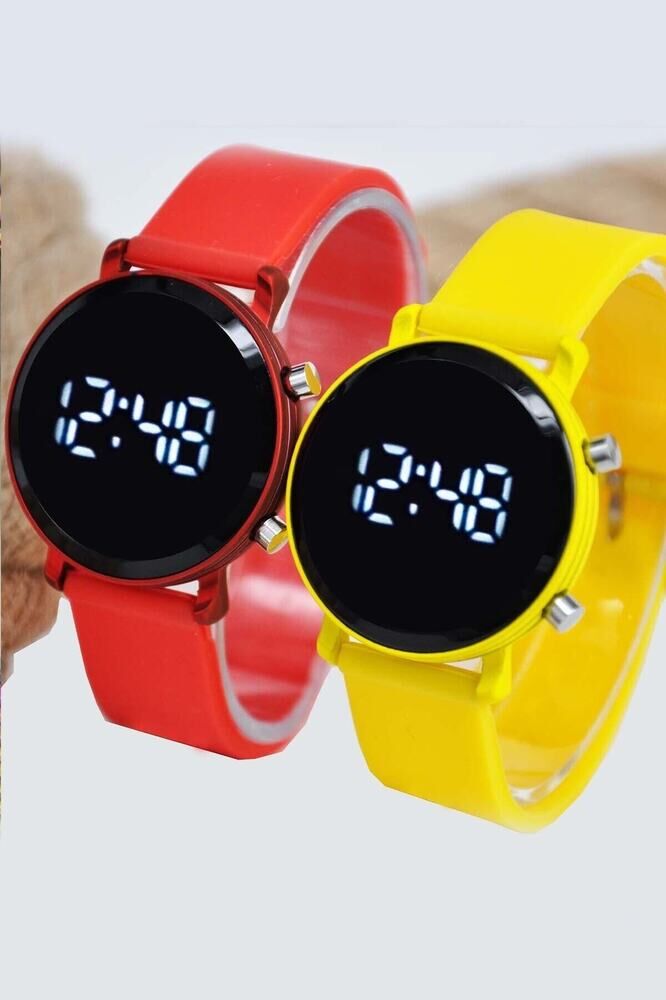 İki Adet Kırmızı Sarı LED Dijital Kadın Kol Saati Silikon Kordon Spor Şık Genç Kız Çocuk