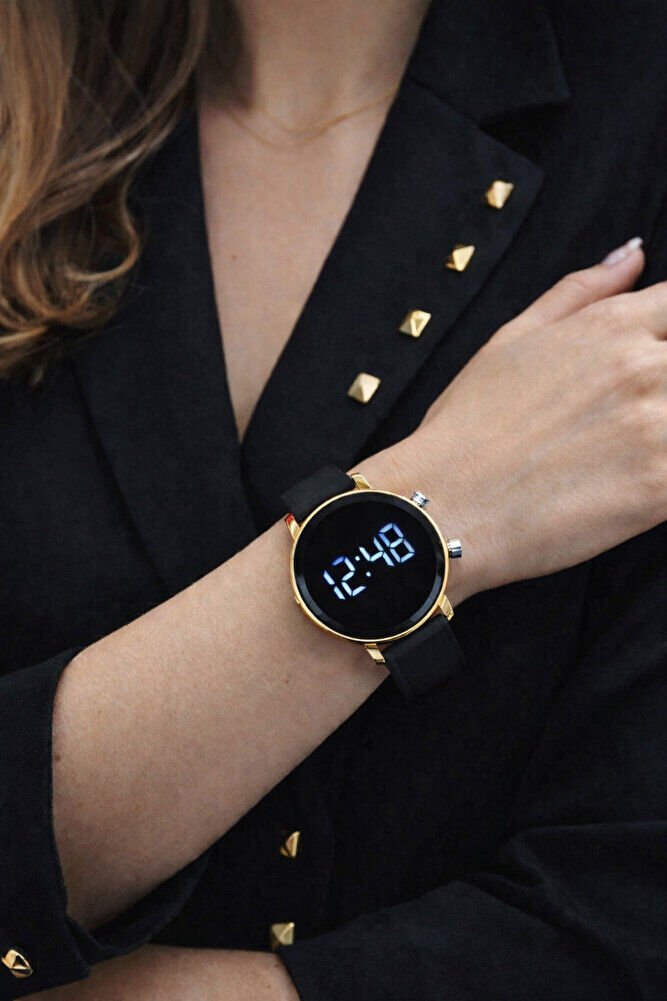 Altın Renk Kasa Siyah Silikon Kordonlu Şık kadın Kol Saati Su-469