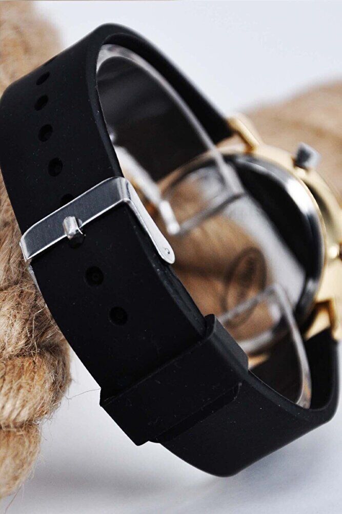 Altın Renk Kasa Siyah Silikon Kordonlu Şık kadın Kol Saati Su-469