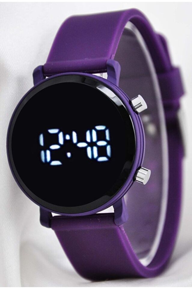 Mor LED Dijital Silikon Kordon Yuvarlak Kasa Spor Şık Kadın Genç Kız Çocuk Kadın Saat Trend Model